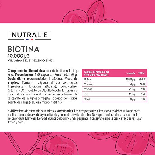 Biotina 10.000 mcg | Vitaminas D y E, Zinc, Selenio | Contribuye al Crecimiento del Cabello y Mantenimiento de Piel y Uñas | 120 Cápsulas | Nutralie