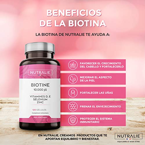 Biotina 10.000 mcg | Vitaminas D y E, Zinc, Selenio | Contribuye al Crecimiento del Cabello y Mantenimiento de Piel y Uñas | 120 Cápsulas | Nutralie