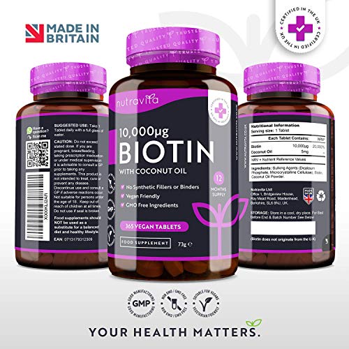 Biotina Alta Dosis 10000 mcg + Aceite de Coco | 365 Tabletas Veganas | Vitaminas Para el Cabello, La Piel y Las Uñas | Mantenimiento Crecimiento Cabello | Hecho Por Nutravita