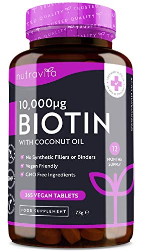 Biotina Alta Dosis 10000 mcg + Aceite de Coco | 365 Tabletas Veganas | Vitaminas Para el Cabello, La Piel y Las Uñas | Mantenimiento Crecimiento Cabello | Hecho Por Nutravita