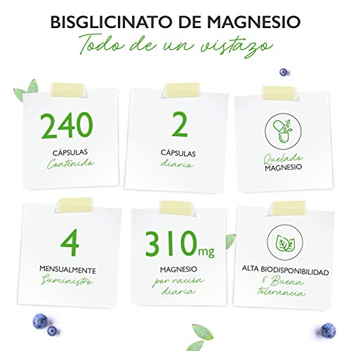 Bisglicinato de magnesio - 240 cápsulas - Premium: magnesio quelado - 155 mg de magnesio elemental por cápsula - Vegano - Fórmula de alta dosis