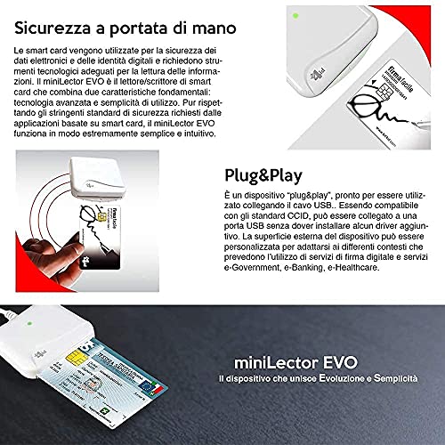 Bit4id Original Minilector Evo 2.0 RFID,lector de Smart Card Readers, Firma Digital SPID y CRS CNS, tarjeta sanitaria de papel, CAC Dod, Plug&Play,no controlador, admite tarjetas Common Criteria FIPS