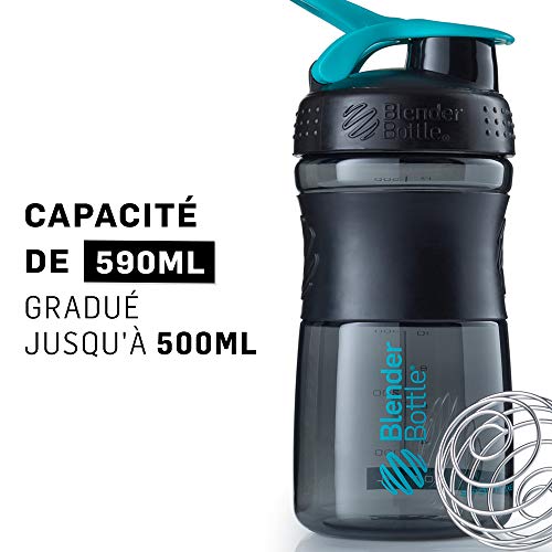 BlenderBottle Sportmixer Botella de agua | Botella mezcladora de batidos de proteínas | con batidor Blenderball | libre de BPA | Tritan| 590ml - negro/teal