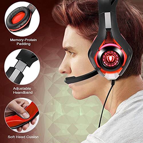 BlueFire Auriculares Gaming PS4, Cascos Gaming Ruido Reducción de Diademas Cerrados Profesional con Micrófono 3.5mm Compatible con PC Xbox One, PS4,Móvil(Rojo)