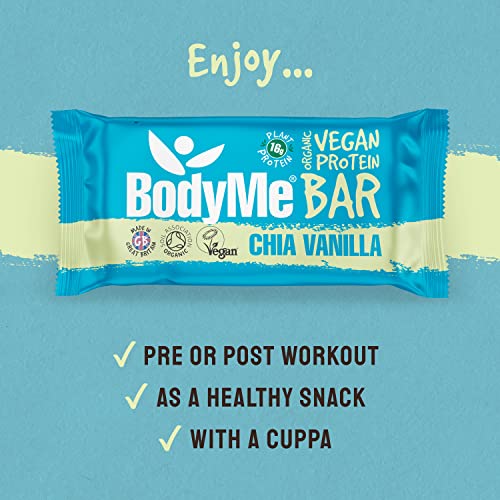 BodyMe Barritas Proteinas Veganas Organica | Cruda Chia Vainilla | 60g x 12 Barra Proteina Vegana | Sin Gluten | 16g Proteína Completa | 3 Proteina Vegetal | Aminoacidos Esenciales | Vegan Protein Bar