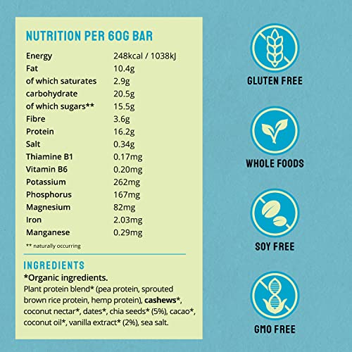 BodyMe Barritas Proteinas Veganas Organica | Cruda Chia Vainilla | 60g x 12 Barra Proteina Vegana | Sin Gluten | 16g Proteína Completa | 3 Proteina Vegetal | Aminoacidos Esenciales | Vegan Protein Bar