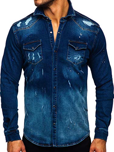 BOLF Hombre Camisa Vaquera de Manga Larga Cuello Italiano Camisa de Algodón Camisa Elegante Slim fit Estilo Casual RWX R802 Azul Oscuro XL [2B2]