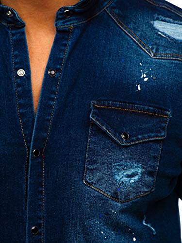 BOLF Hombre Camisa Vaquera de Manga Larga Cuello Italiano Camisa de Algodón Camisa Elegante Slim fit Estilo Casual RWX R802 Azul Oscuro XL [2B2]
