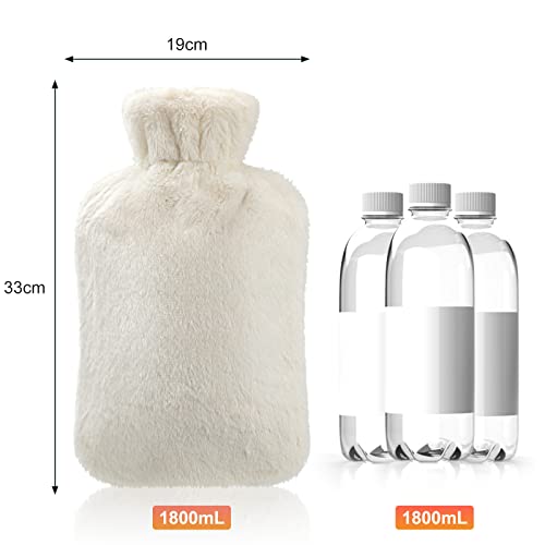 Bolsa de Agua Caliente de 1,8L, Dawdix Botellas de Agua Caliente con Suave Felpa Funda, Hot Water Bottle, bolsa agua caliente, mejor regalo (blanco)