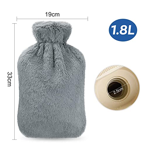 Bolsa de Agua Caliente, Homealexa Botellas de Agua Caliente con Suave Felpa Funda 2L Natural Goma Agua Caliente Bolsa Hot Water Bottle para Mantener el Agua Gris