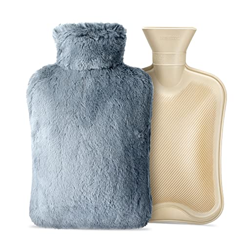 Bolsa de Agua Caliente, Homealexa Botellas de Agua Caliente con Suave Felpa Funda 2L Natural Goma Agua Caliente Bolsa Hot Water Bottle para Mantener el Agua Gris