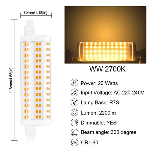 Bonlux 20W Regulable R7S LED 118MM con 2200LM, Bombilla Lineal Reemplazo de 200-250W Bombilla Halógena, 360 Grados de Iluminación para Lámpara de Pie (Luz Cálida 2700K, 2-Unidades)