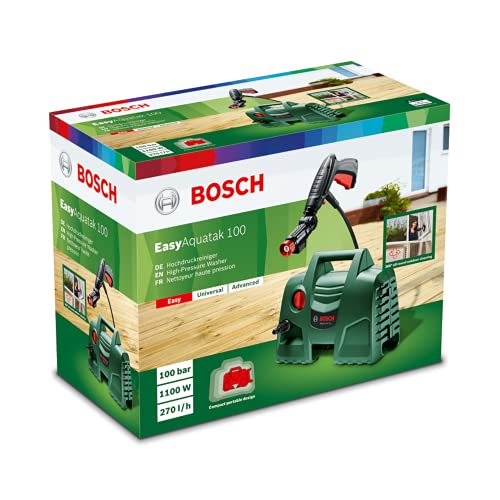 Bosch Hidrolimpiadora de alta presión EasyAquatak 100 (1100 W, boquilla de 360° con depósito para detergente, cable de 5 m, manguera de 3 m, presión: 100 bar, caudal máx.: 270 L/h, caja de cartón)