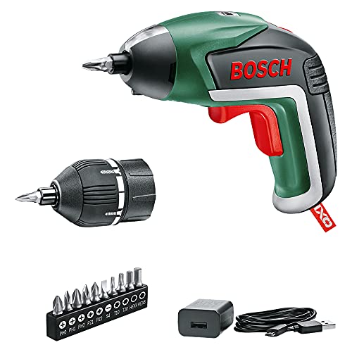 Bosch Home and Garden 06039A800U Bosch Atornillador IXO (5.ª generación, batería integrada de 3,6 V, Accesorio de par de Giro, 10 Brocas, Cargador USB, en Caja) -Amazon Edición, Classic Green