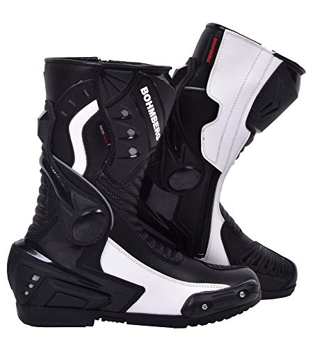 Botas de moto Hombre, botas de cuero deportivas, impermeables, de cuero, protectores rígidos integrados estables, con protección de tobillo, negro blanco - 45