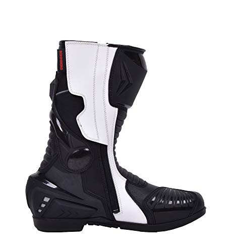 Botas de moto Hombre, botas de cuero deportivas, impermeables, de cuero, protectores rígidos integrados estables, con protección de tobillo, negro blanco - 45