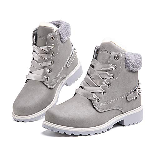 Botas Mujer Invierno Botas de Nieve Cálido Zapatos Botines Forradas Planas Snow Boots Antideslizante Calzado Comodos Cordones Gris-1 39 EU