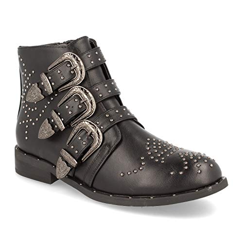 Botin de Mujer Estilo Motera con Cremallera y Hebillas Adornado con Tachuelas Metalicas Otono Invierno 2019. Talla 36 Negro