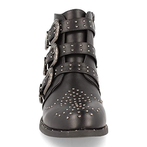 Botin de Mujer Estilo Motera con Cremallera y Hebillas Adornado con Tachuelas Metalicas Otono Invierno 2019. Talla 36 Negro