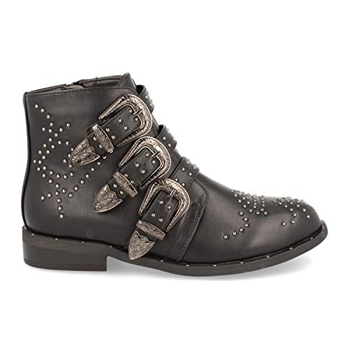 Botin de Mujer Estilo Motera con Cremallera y Hebillas Adornado con Tachuelas Metalicas Otono Invierno 2019. Talla 36 Negro