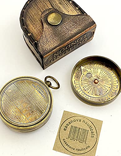 Brújula de latón con caja de cuero – reloj de sol de bolsillo hecho a mano – Brújula de esfera solar – Steampunk Retro Gift – Estilo antiguo Sundial Dollond London