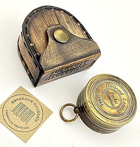 Brújula de latón con caja de cuero – reloj de sol de bolsillo hecho a mano – Brújula de esfera solar – Steampunk Retro Gift – Estilo antiguo Sundial Dollond London