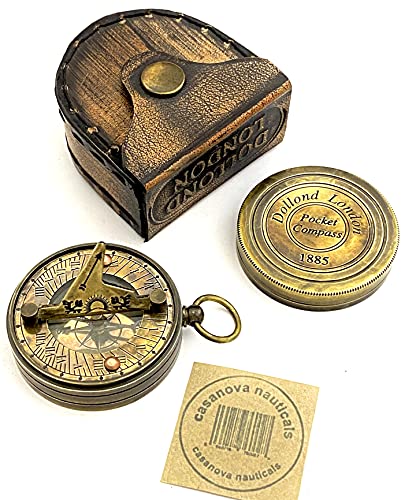 Brújula de latón con caja de cuero – reloj de sol de bolsillo hecho a mano – Brújula de esfera solar – Steampunk Retro Gift – Estilo antiguo Sundial Dollond London