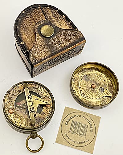 Brújula de latón con caja de cuero – reloj de sol de bolsillo hecho a mano – Brújula de esfera solar – Steampunk Retro Gift – Estilo antiguo Sundial Dollond London