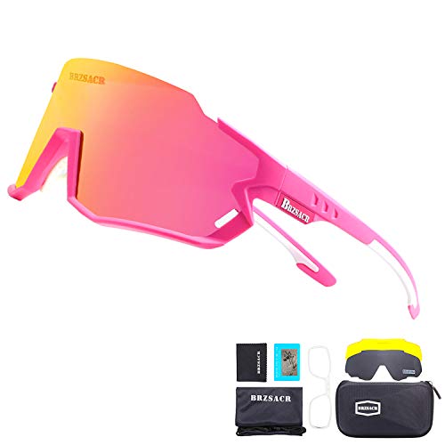 BRZSACR Gafas de Sol Deportivas,CrazyFire UV 400 Protección Gafas Deportivas Polarizadas con 3 Set De Lentes Intercambiables para Hombre Mujer. (Rojo)