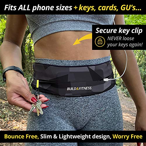 Build & Fitness Riñonera Running – Cinturón Hombre/Mujer Ajustable, Clip para Llaves - Ligero, Fino, Manos Libres – Móviles, Llaves, Tarjetas – Riñonera Deportiva Running, Gimnasio, Yoga, Deporte