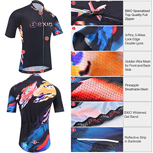 BXIO Conjuntos de Ciclismo para Hombre Jerseys de Ciclismo Transpirables y Acuarelas 5D Gel Pad Culotte con Babero Quich-Dry MTB Bike Wear Manga Corta 212 (Black Water-Colorful(212,Bib Shorts), M)