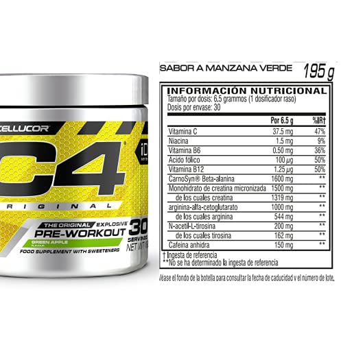 C4 Original - Suplemento en polvo para preentrenamiento - Manzana verde | Bebida energética para antes de entrenar | 150 mg de cafeína + beta alanina + monohidrato de creatina | 30 raciones