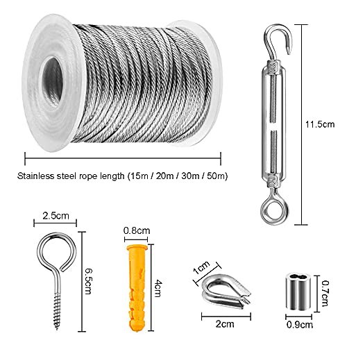 Cable De Acero Kit SuspensióN De Cuerda, Cuerda De Alambre De Acero Inoxidable Revestido De Pvc,Tensores Para Cables, Cable De Acero Plastificado, Para Colgar Luces De Cadena,Fotos,JardíN (50m)