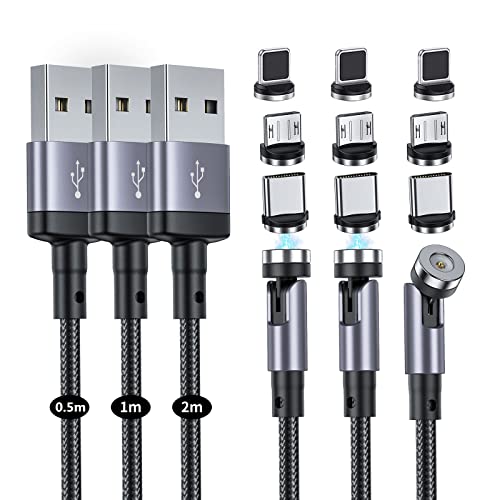 Cable de Carga Magnético, [3Pack 0.5m+1.2m+2m] USB Carga Rapida Cable Nylon con LED 360° y 180° Rotación Cargador iman for Micro USB, Tipo C (Gray)