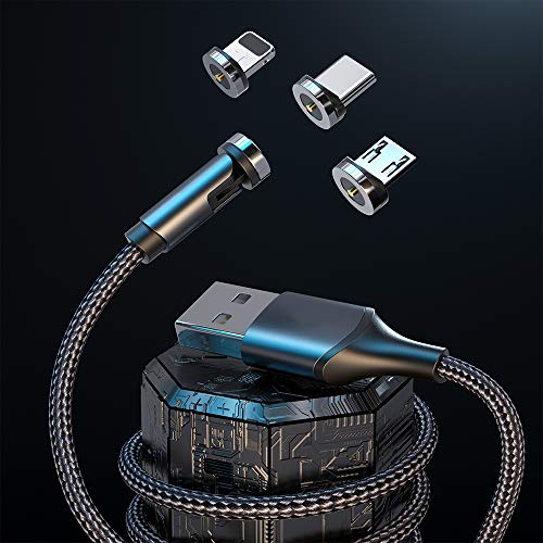 Cable de Carga Magnético, [3Pack 0.5m+1.2m+2m] USB Carga Rapida Cable Nylon con LED 360° y 180° Rotación Cargador iman for Micro USB, Tipo C (Gray)
