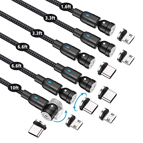 Cable USB Magnético [0.5m+1m+1m+2m+2m+3m], Melonboy Cable de Carga Magnética 360° y 180° Rotación Cable Magnetic Compatible con Micro USB, Tipo C Compatible con Huawei/Galaxy/Xiaomi (Negro)