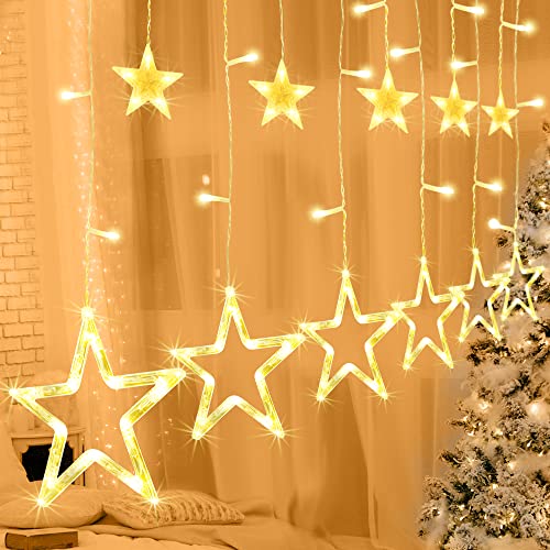 Cadena de luces LED, 138 LEDs 12 Estrella Cortina de luces, 8 modos Impermeable Cortina de Luz decoración Interior Exterior para Fiesta, Cortina, Navidad, Halloween, Boda (blanco cálido)