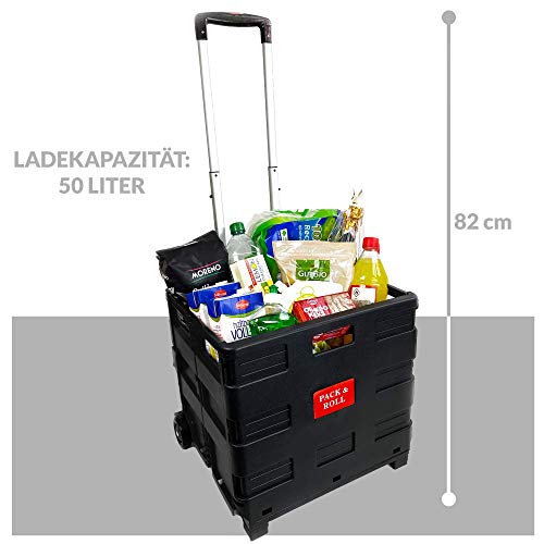 Caja de Plastico Plegable con Ruedas - Hasta 35 kg de Carga - Asa de Aluminio Extensible - Multiusos - Color Negro