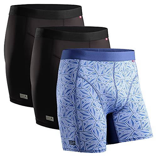 Calzoncillos Bóxers de Deporte para Hombre, Secado Rápido, Transpirable, Resistentes al Olor, Suave, Ligero, Ropa Interior para Deporte, Pack de 3 (Multicolor: 2 x Negro, 1 x Mosaico Azul, Large)