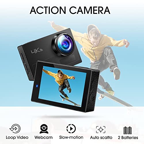 Cámara Deportiva 4K WiFi, Cámara Subacuática 30M, Cámara de Acuatica HD 170° Gran Angular con Mando A Distancia Estabilización EIS 2 Baterías Natación/Buceo/Escalada/Accesorios para Bicicletas