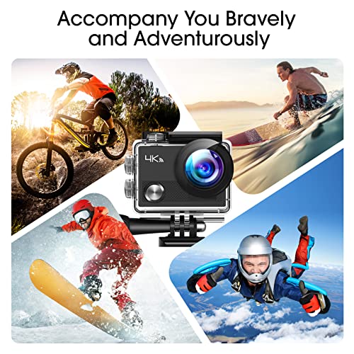 Cámara Deportiva 4K WiFi, Cámara Subacuática 30M, Cámara de Acuatica HD 170° Gran Angular con Mando A Distancia Estabilización EIS 2 Baterías Natación/Buceo/Escalada/Accesorios para Bicicletas