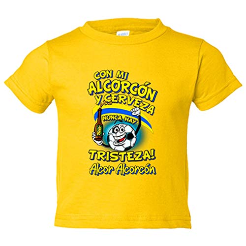 Camiseta bebé frase con mi Alcorcón y cerveza nunca hay tristeza para aficionado al fútbol - Amarillo, 2 años