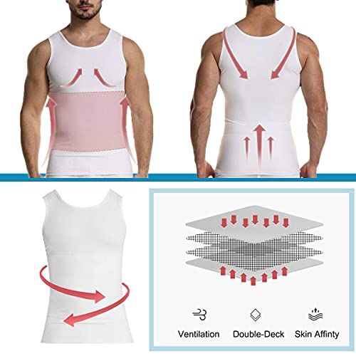 Camiseta Reductora Hombre Compresión, Camisetas Interiores Tirantes, Fajas Moldeadora Adelgazantes - Alta Elasticidad para Comprimir Pecho Abdomen y Cintura (Blanco, M)