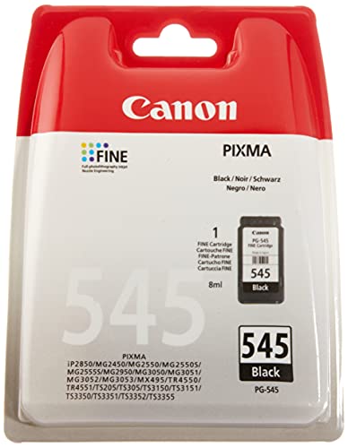 Canon PG-545 Cartucho de tinta original Negro para Impresora de Inyeccion de tinta PiXMA iP2850-MG2450-2455-2550-2555-2950-3050-3051-3052-MX495-TR4550-4551-TS205-305-3150-3151-3350-3351-3352-3355