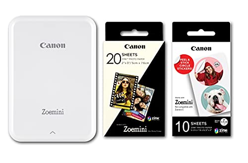 Canon Zoemini impresora fotográfica + papel fotográfico 20h ZINK ZP-2030 + 10 pegatinas circulares (impresión móvil instantánea, bluetooth, fotos 5x7,5 cm, sin tinta, iOS, Android, Printapp) blanca