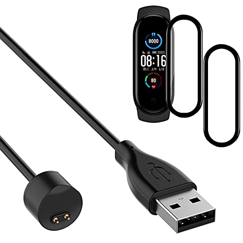 Cargador Compatible con Xiaomi Mi Band 6/Mi Band 5 Cargador + 2 Unidades Protector De Pantalla, Cable de Carga de Repuesto Base de Carga USB Cargador(Negro,50cm)