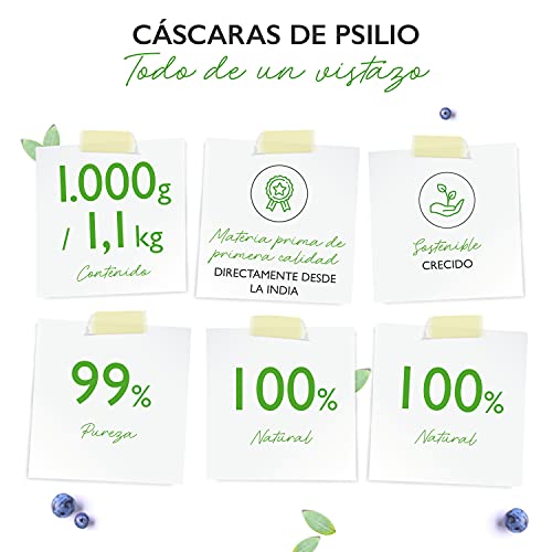 Cáscaras de psyllium 1,1 kg - 1100 g - Residuos controlados - 99% de pureza - Origen: India - Bajo en carbohidratos - Alto contenido en fibra - Sin aditivos - Vegano