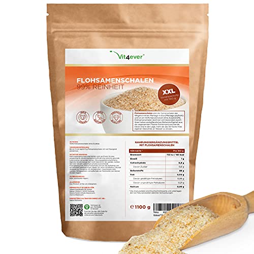 Cáscaras de psyllium 1,1 kg - 1100 g - Residuos controlados - 99% de pureza - Origen: India - Bajo en carbohidratos - Alto contenido en fibra - Sin aditivos - Vegano