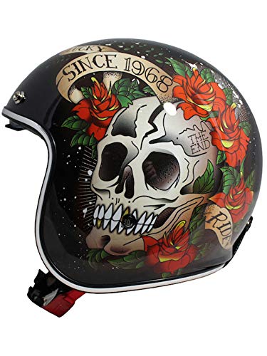 Casco Abierto Moto Mt 2019 Le Mans Skull And Roses Negro-Rojo (L , Negro)