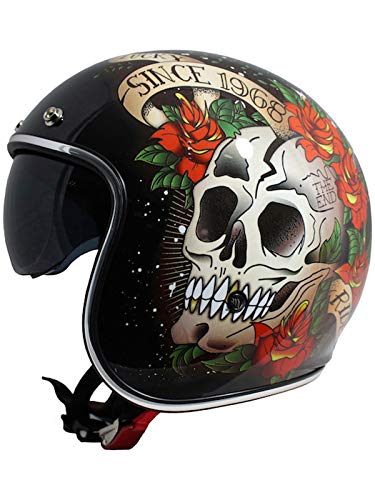 Casco Abierto Moto Mt 2019 Le Mans Skull And Roses Negro-Rojo (L , Negro)